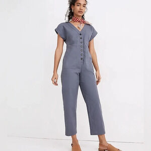 Madewell Cap-Sleeve Button Front Utility Jumpsuit Sunfaded Indigo